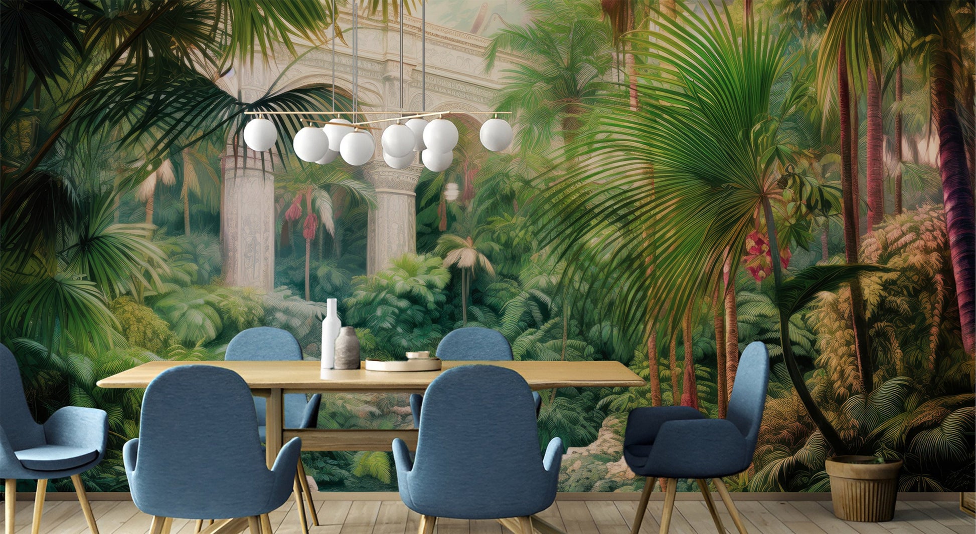 Jungle Adventure Rainforest Office Floral Wallpaper – detail view, Golden Era Walls
