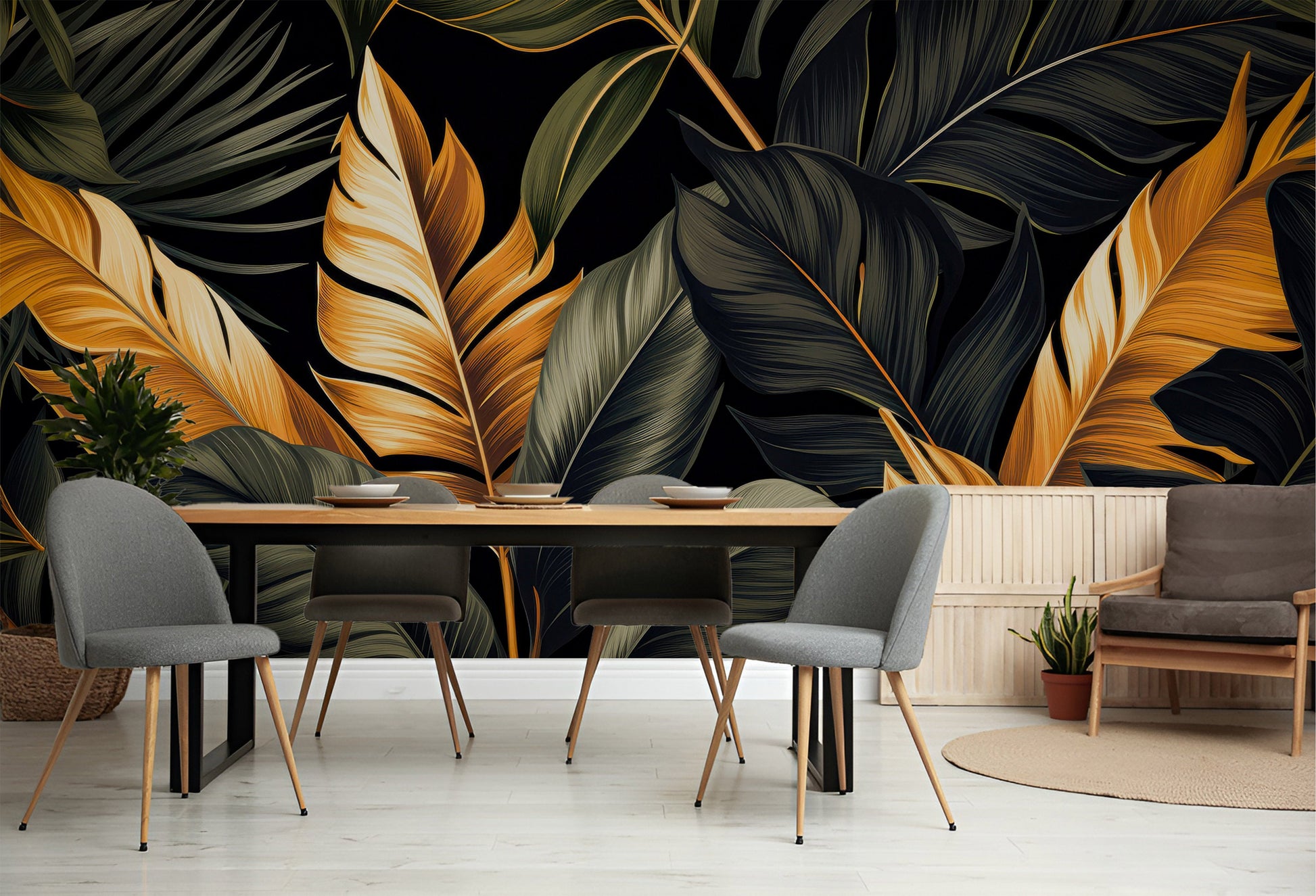 Elegant Black Tropical Home Floral Wallpaper – room setting, Golden Era Walls
