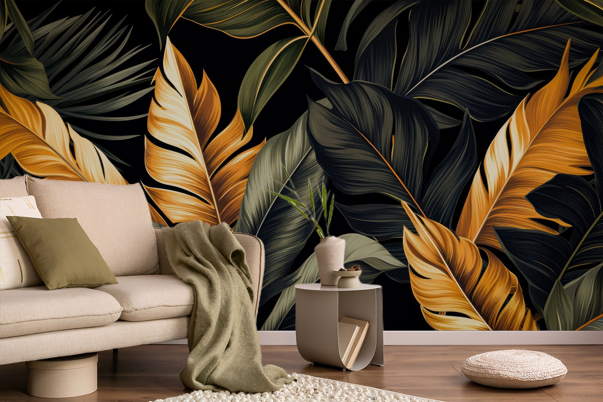 Elegant Black Tropical Home Floral Wallpaper – alternate view, Golden Era Walls