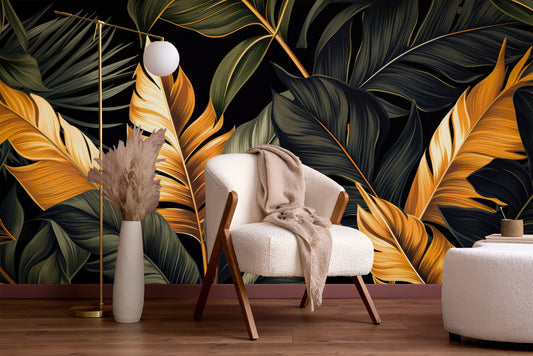 Elegant Black Tropical Home Floral Wallpaper – detail view, Golden Era Walls