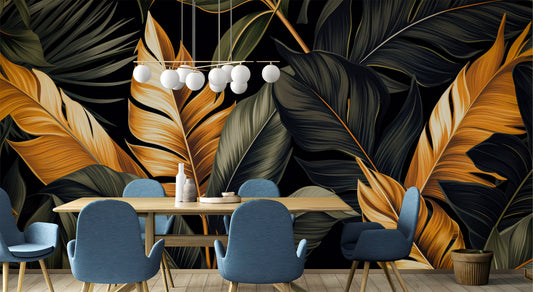 Elegant Black Tropical Home Floral Wallpaper – lifestyle view, Golden Era Walls