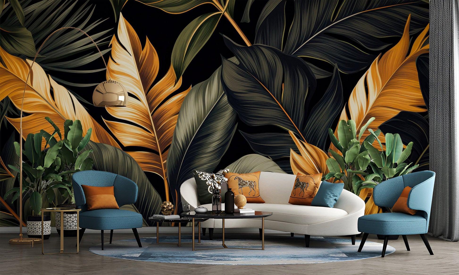 Elegant Black Tropical Home Floral Wallpaper – peel and stick wallpaper mural, Golden Era Walls