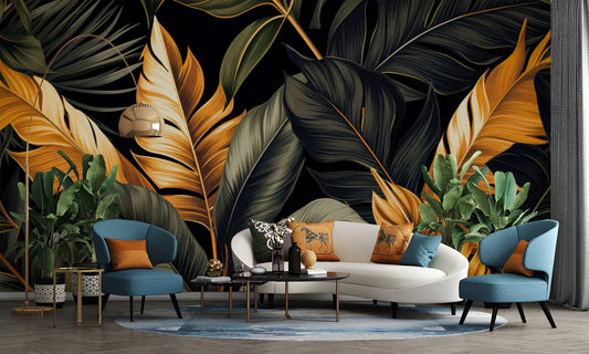 Elegant Black Tropical Home Floral Wallpaper – peel and stick wallpaper mural, Golden Era Walls