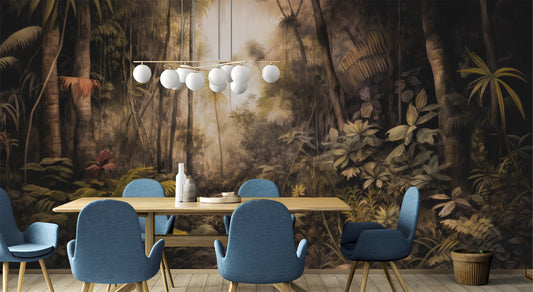 Dark Vintage Forest Landscape Floral Wallpaper – lifestyle view, Golden Era Walls