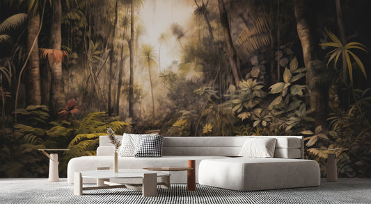 Dark Vintage Forest Landscape Floral Wallpaper – detail view, Golden Era Walls