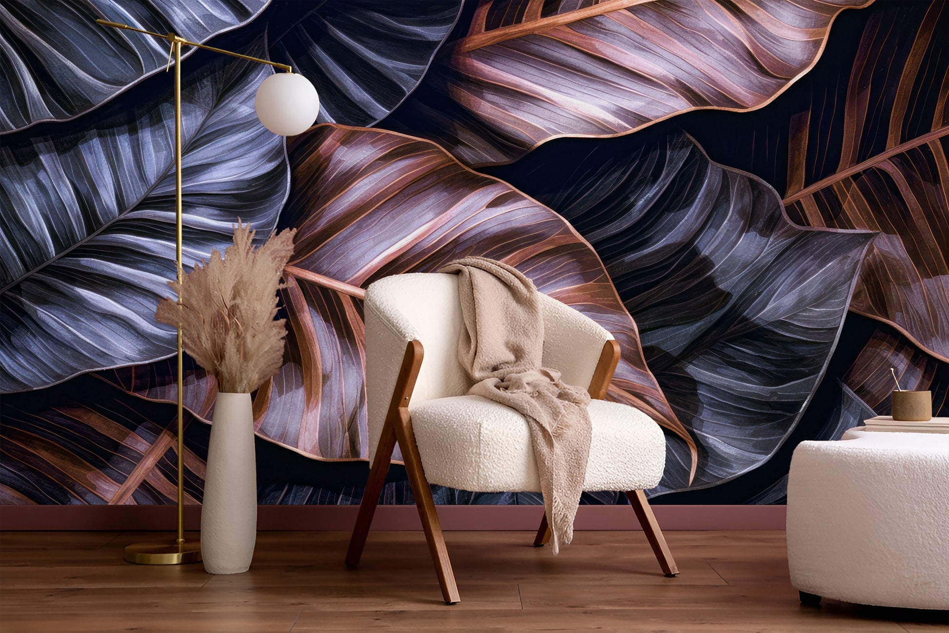 Dark Tropical Jungle Leaves Floral Wallpaper – scale reference, Golden Era Walls