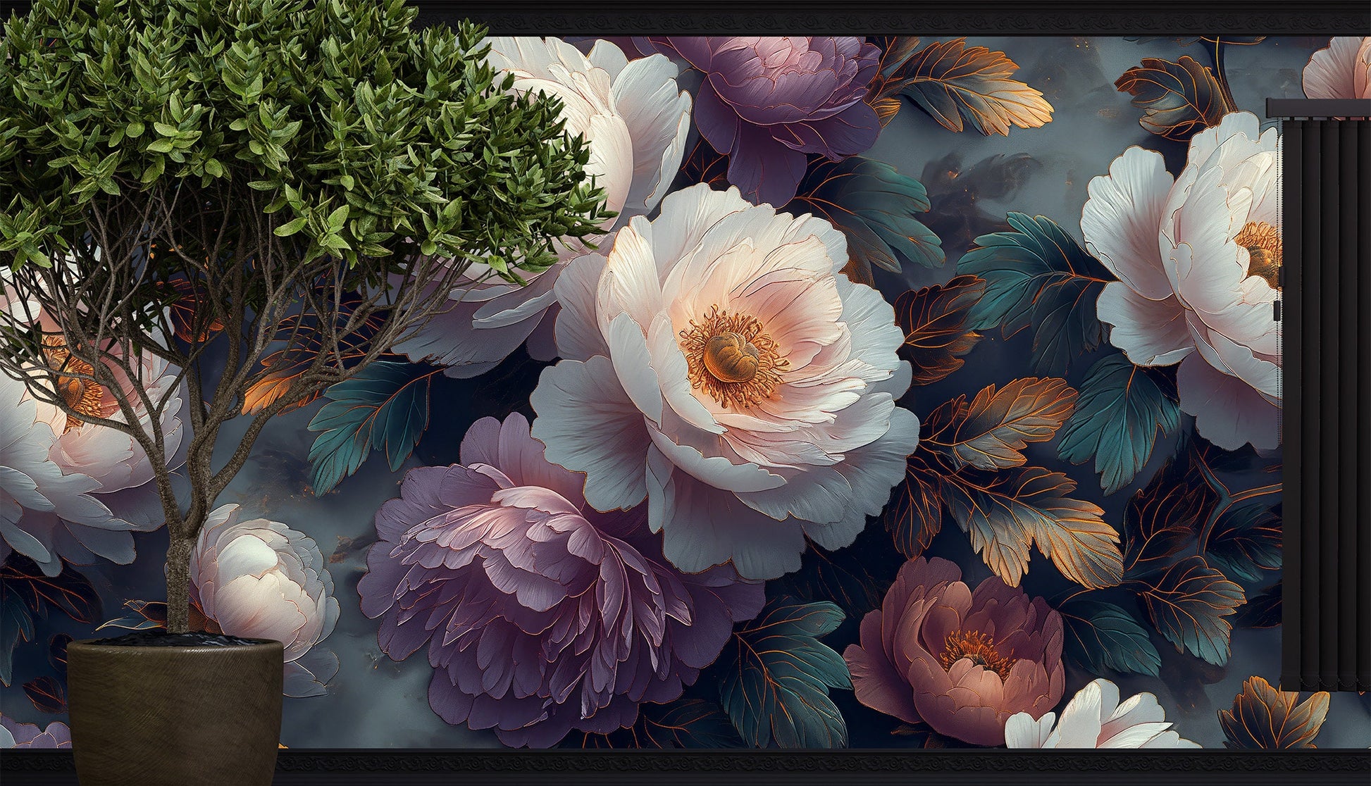 Boho Peony Murals Dark Floral Wallpaper – alternate view, Golden Era Walls