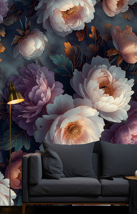 Boho Peony Murals Dark Floral Wallpaper – peel and stick wallpaper mural, Golden Era Walls