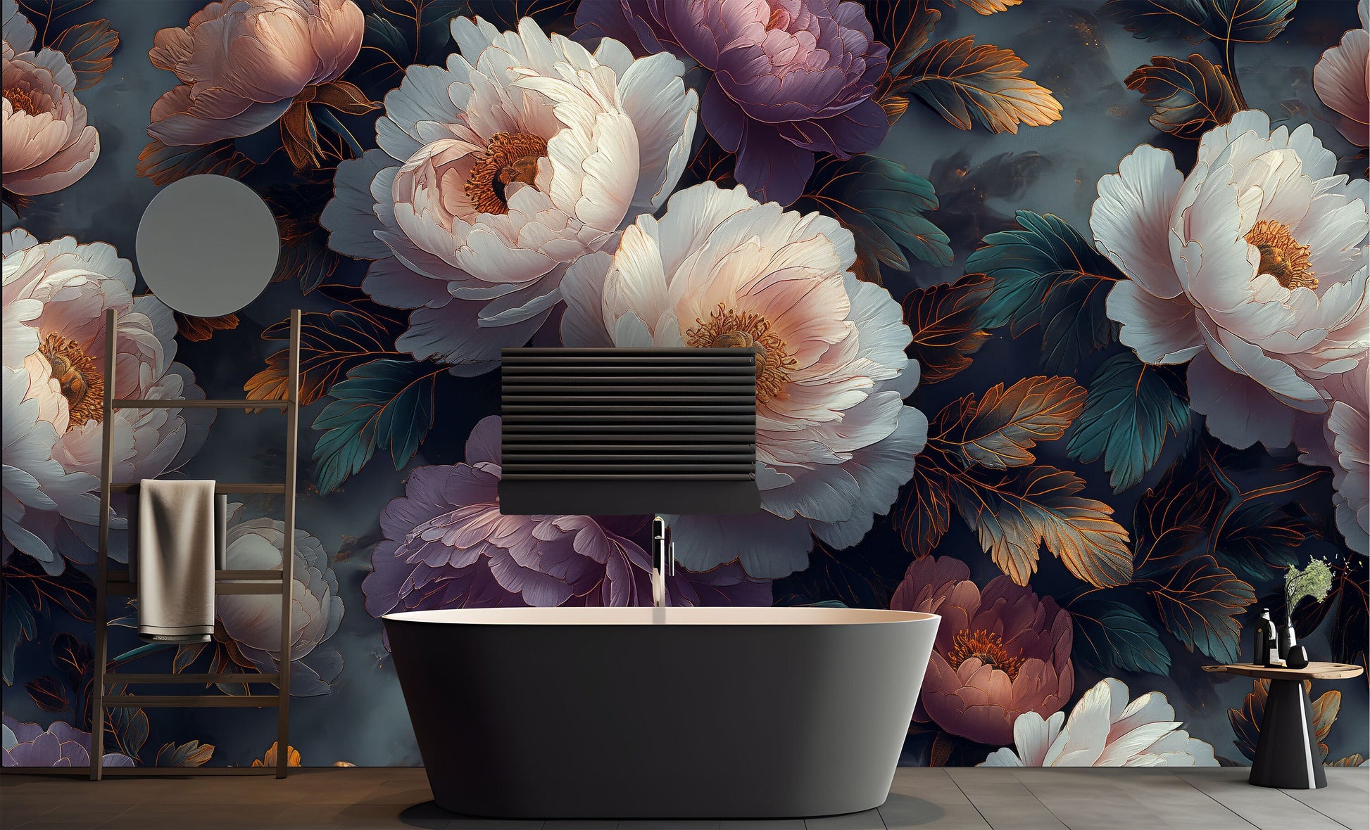 Boho Peony Murals Dark Floral Wallpaper – room setting, Golden Era Walls