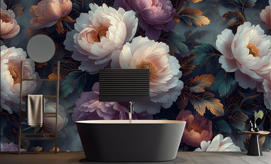 Boho Peony Murals Dark Floral Wallpaper – room setting, Golden Era Walls