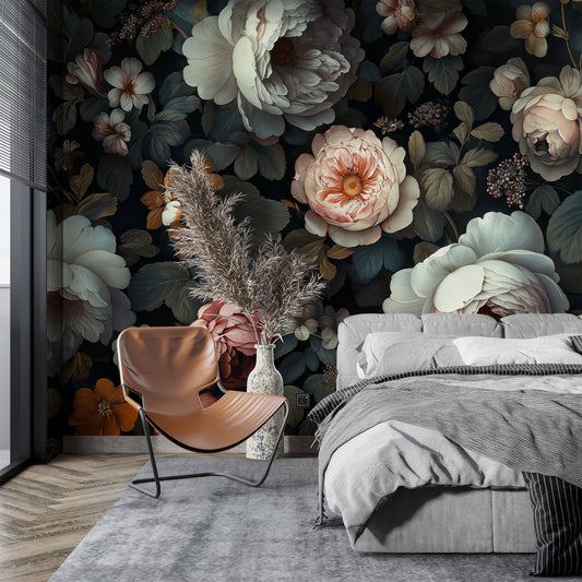 Botanical Flowers Baroque Style Floral Wallpaper – room setting, Golden Era Walls
