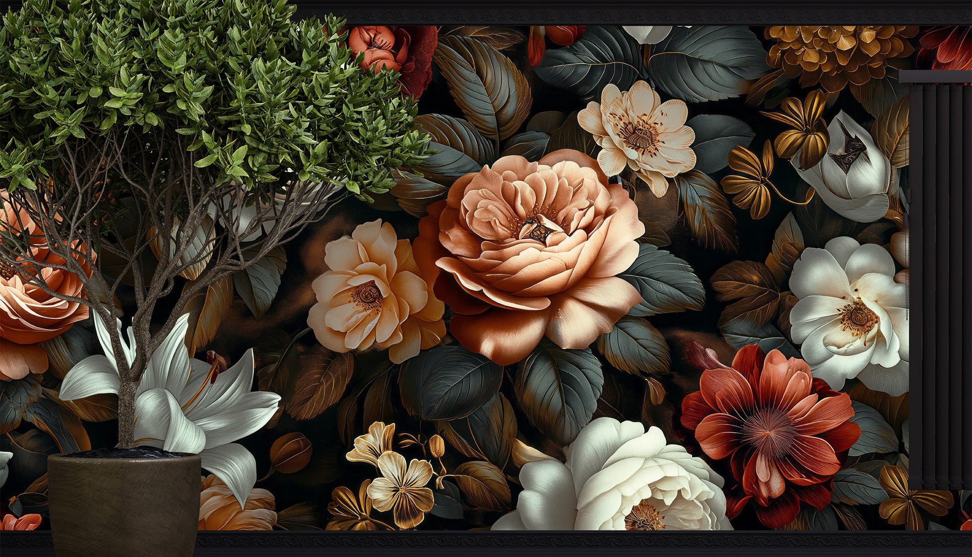 Dark Background Floral Botanical Floral Wallpaper Pattern – additional view, Golden Era Walls