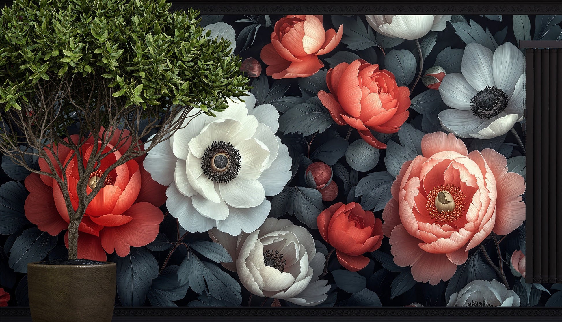 Dark Botanical Flowers Moody Floral Wallpaper – alternate view, Golden Era Walls