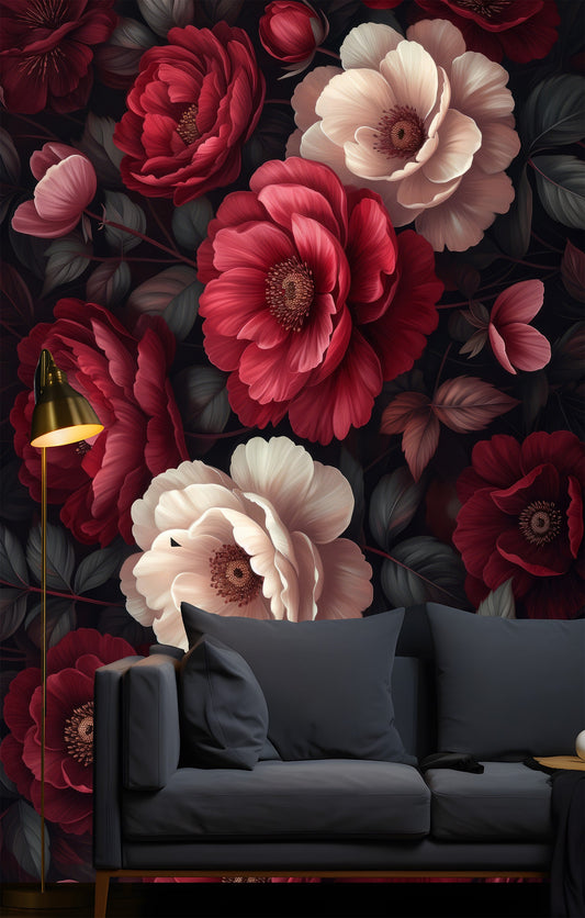 Dark Botanical Self Adhesive Floral Wallpaper – peel and stick wallpaper mural, Golden Era Walls