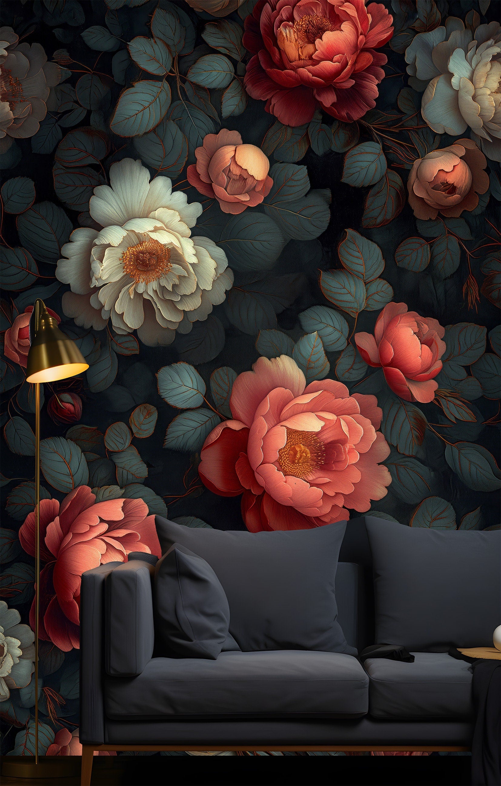 Dark Floral Botanical Beauty Floral Wallpaper – peel and stick wallpaper mural, Golden Era Walls