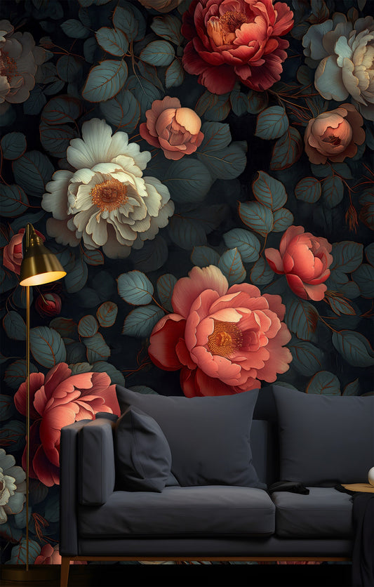 Dark Floral Botanical Beauty Floral Wallpaper – peel and stick wallpaper mural, Golden Era Walls