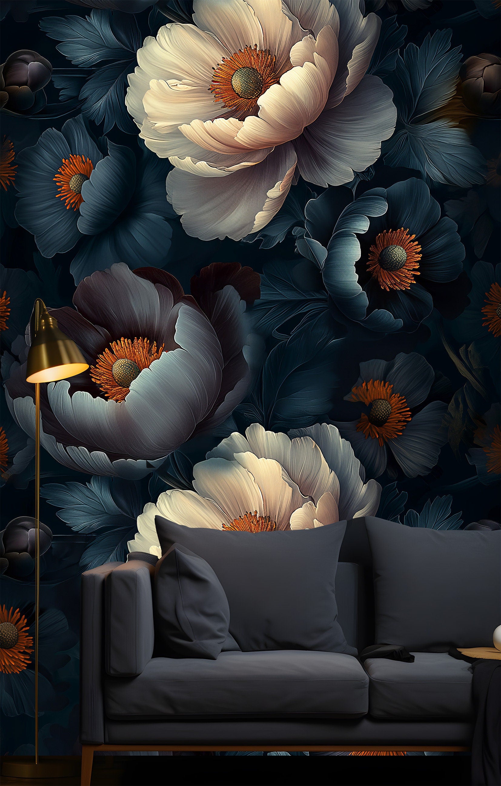 Dark Floral Golden Edges Floral Wallpaper Pattern – peel and stick wallpaper mural, Golden Era Walls