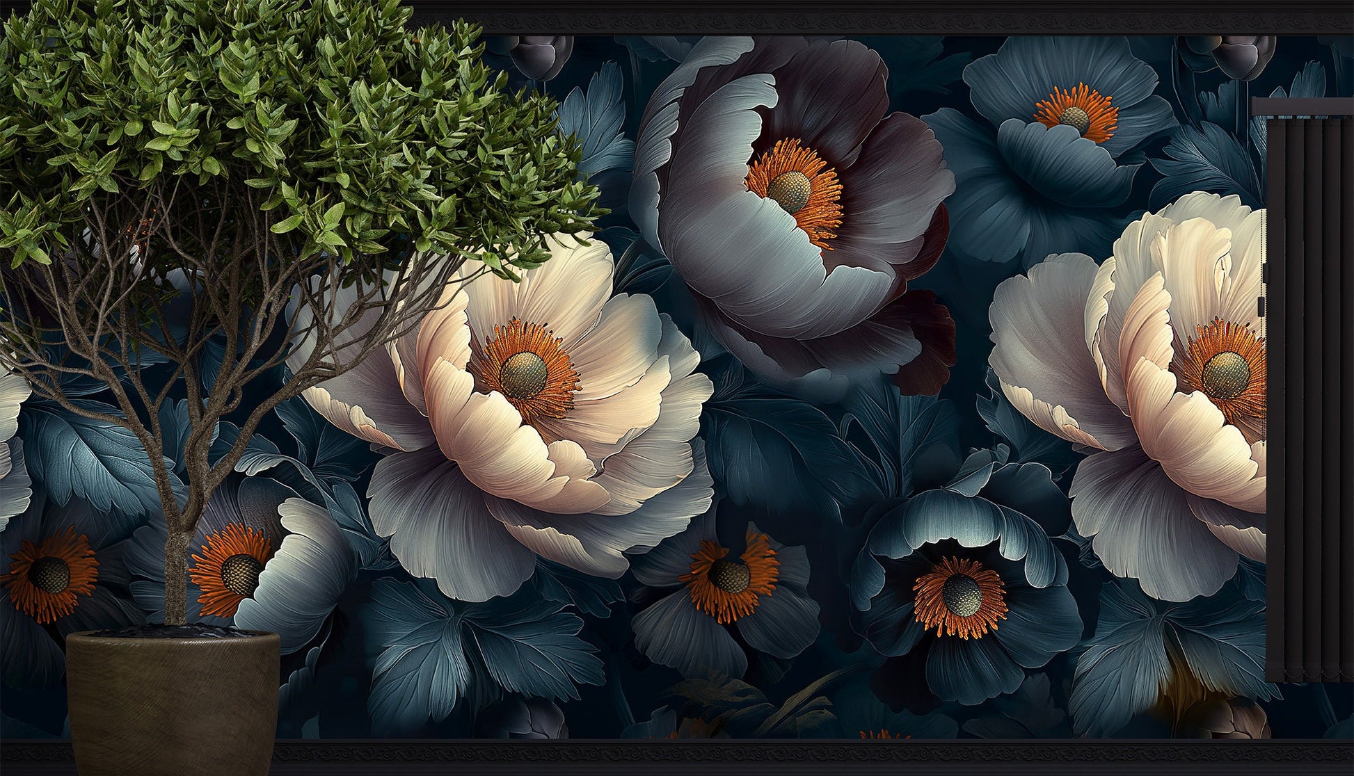 Dark Floral Golden Edges Floral Wallpaper Pattern – additional view, Golden Era Walls