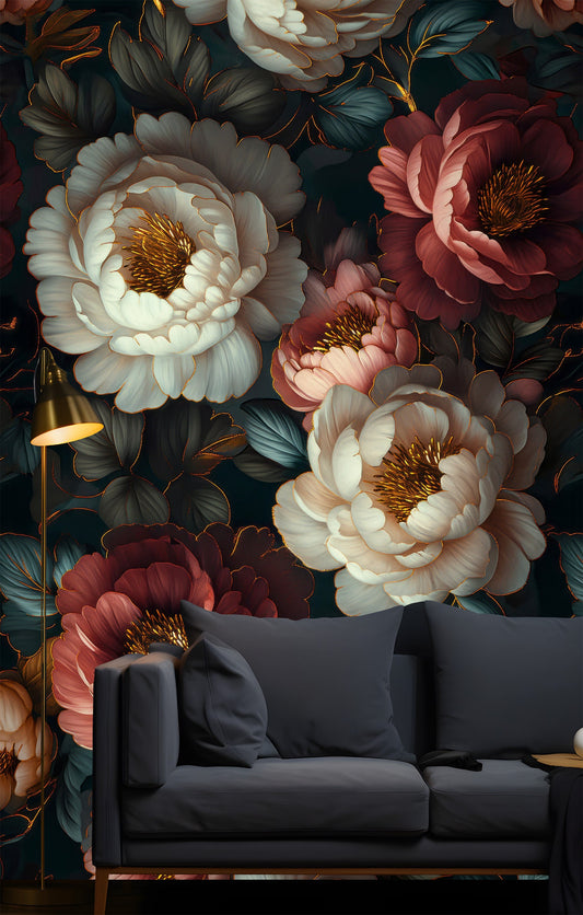 Elegant Vintage Floral Black Floral Wallpaper – peel and stick wallpaper mural, Golden Era Walls