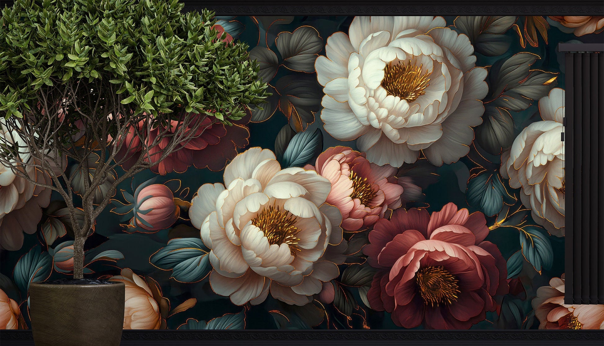 Elegant Vintage Floral Black Floral Wallpaper – alternate view, Golden Era Walls