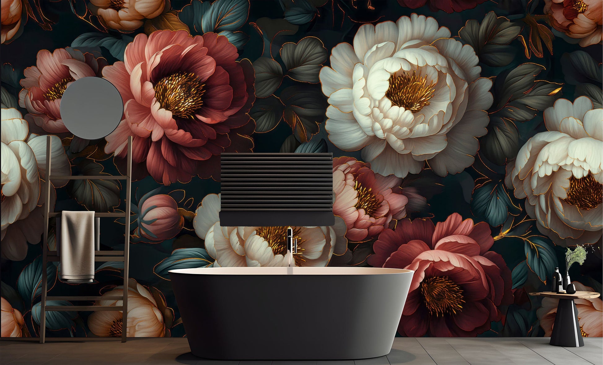 Elegant Vintage Floral Black Floral Wallpaper – scale reference, Golden Era Walls