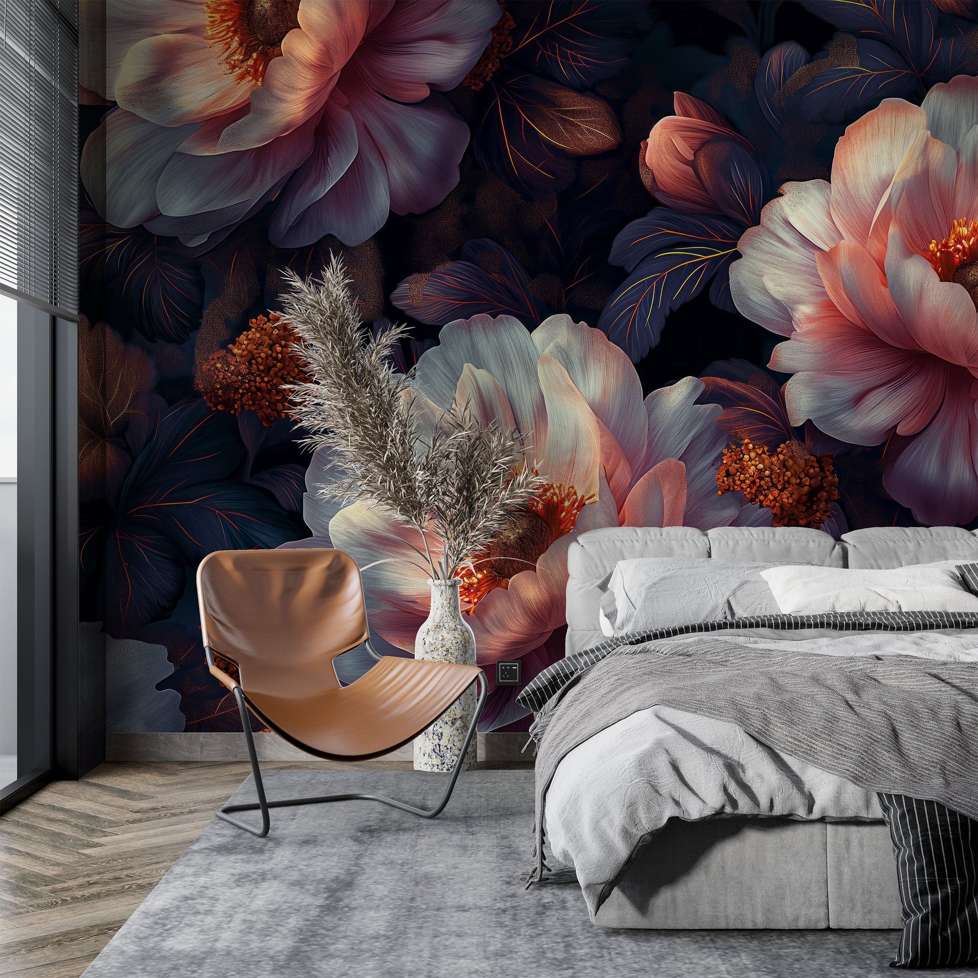 Golden Elegant Watercolor Peony Floral Wallpaper – lifestyle view, Golden Era Walls