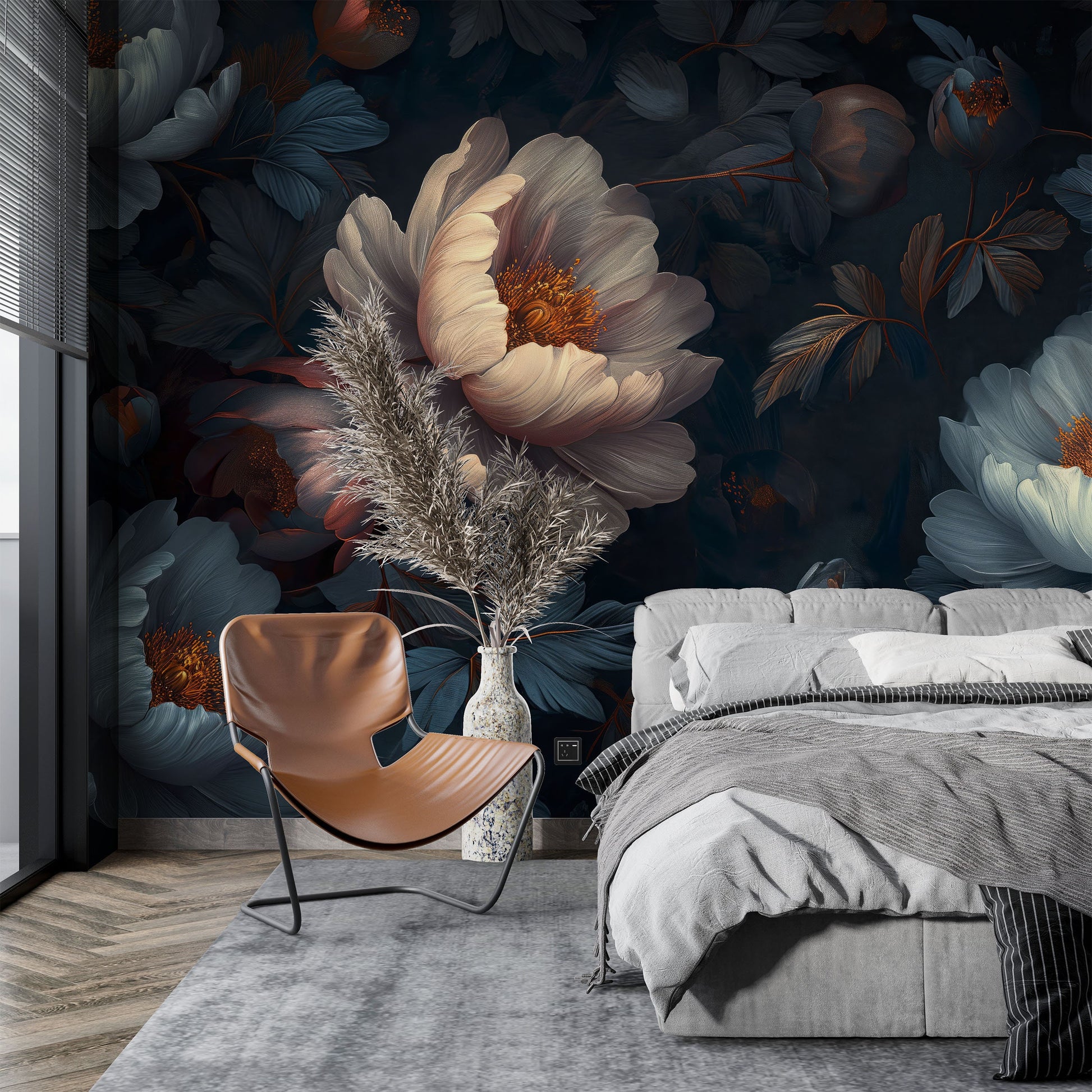 Luxury Flowers Decor Dark Floral Wallpaper – detail view, Golden Era Walls