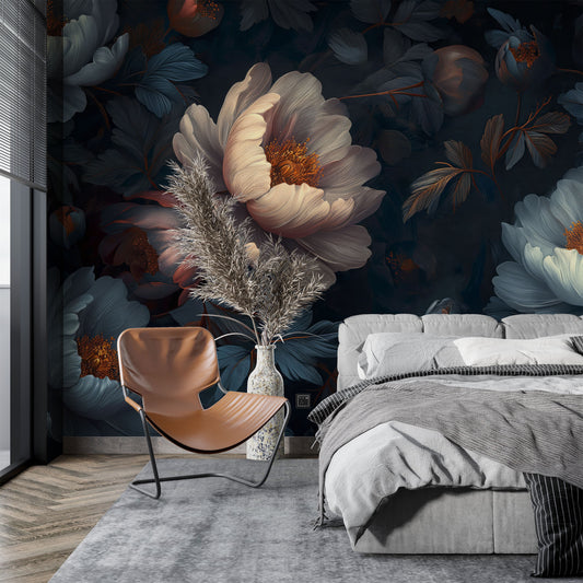 Luxury Flowers Decor Dark Floral Wallpaper – detail view, Golden Era Walls