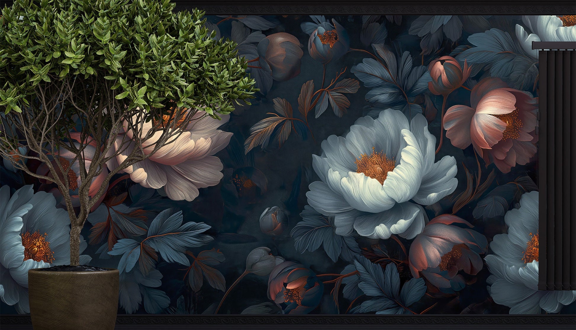 Luxury Flowers Decor Dark Floral Wallpaper – scale reference, Golden Era Walls
