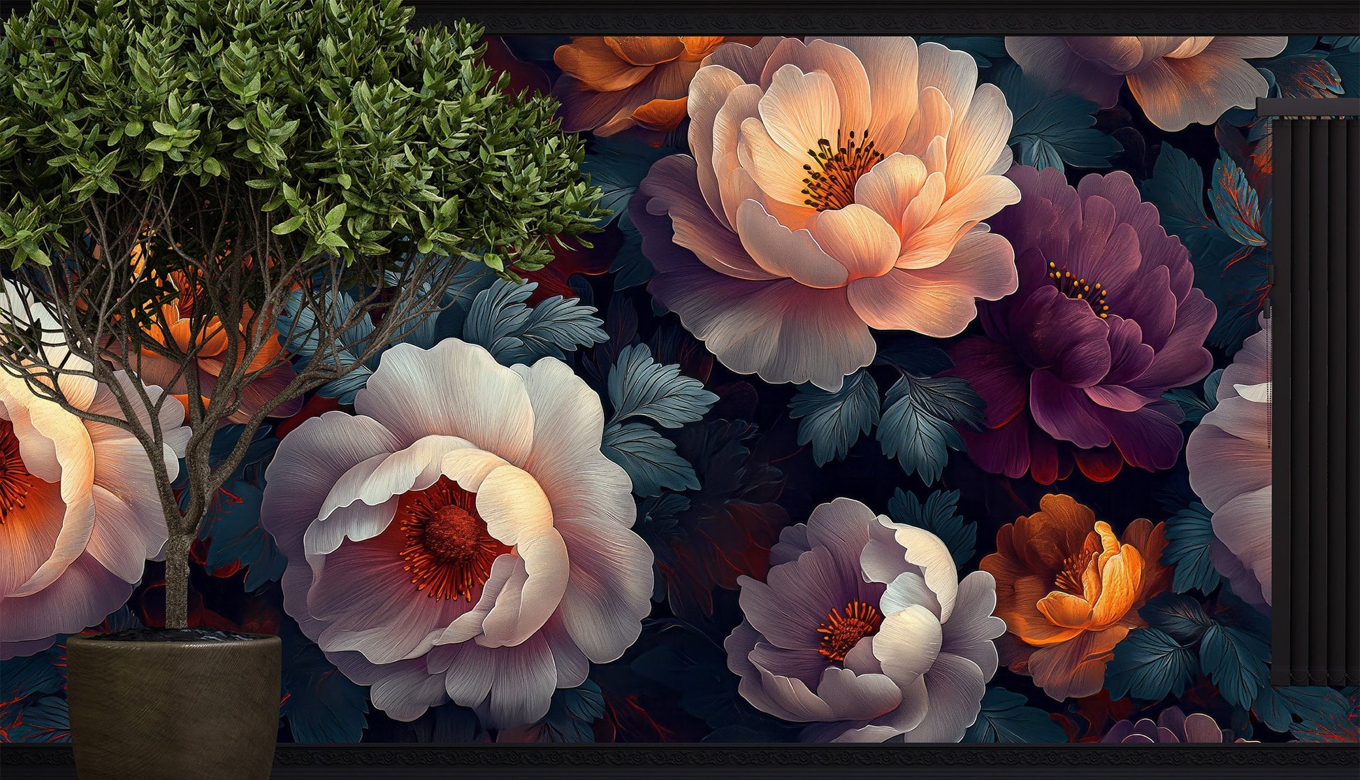 Dark Floral Purple Flowers Floral Wallpaper – scale reference, Golden Era Walls