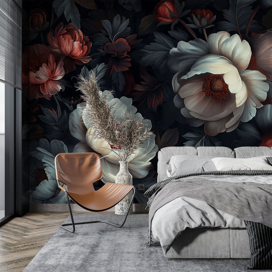 Peony Floral Dark Botanical Floral Wallpaper – detail view, Golden Era Walls