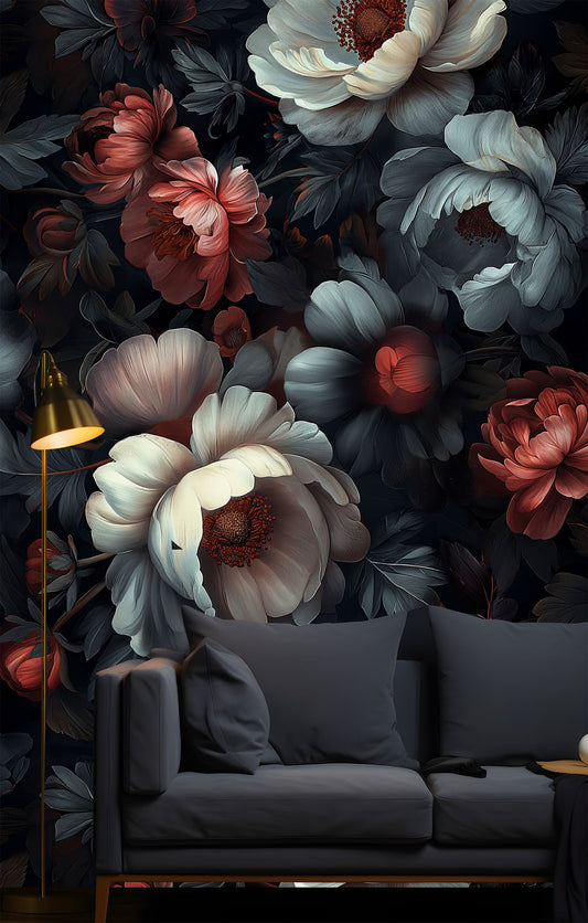 Peony Floral Dark Botanical Floral Wallpaper – peel and stick wallpaper mural, Golden Era Walls