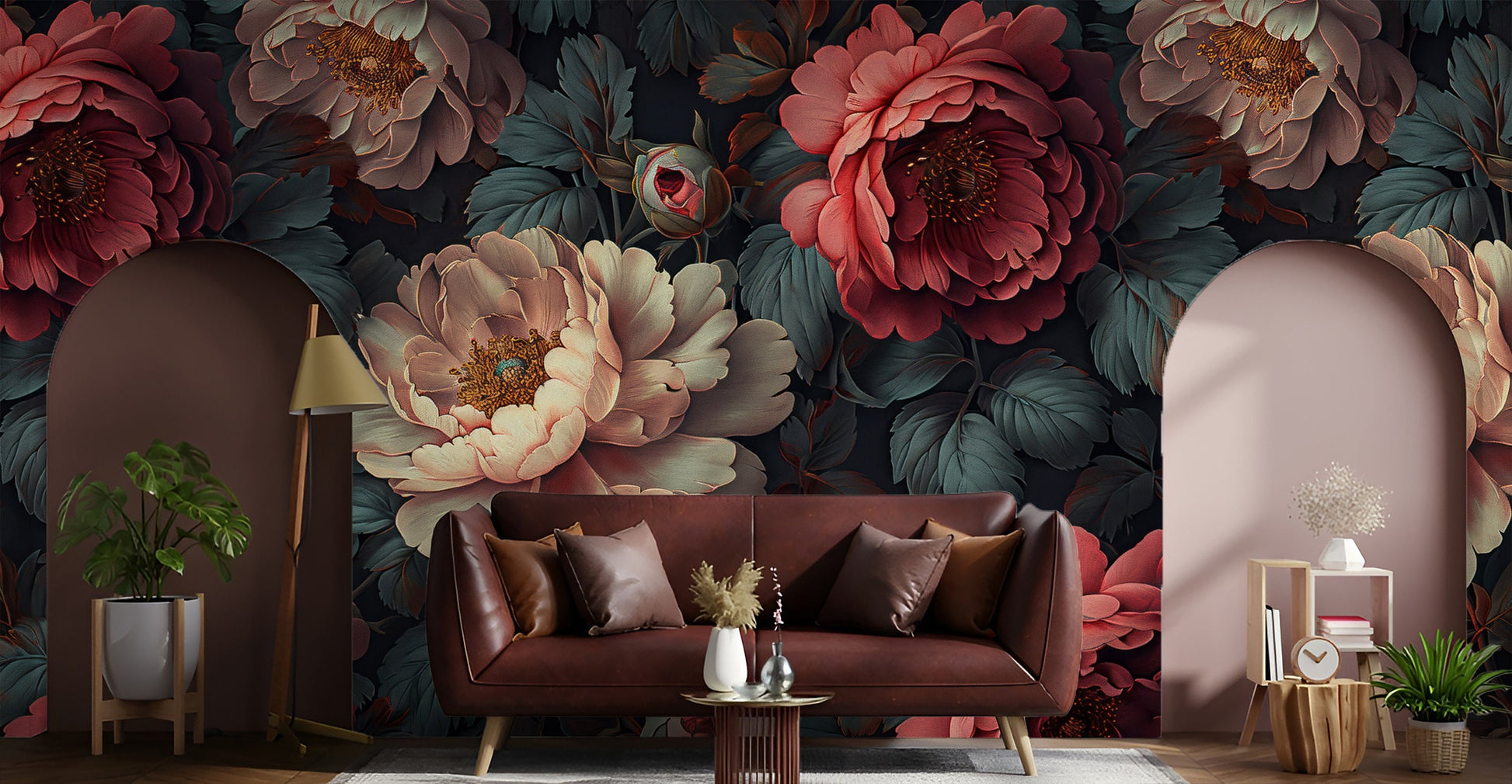 Rose Botanical Dark Floral Wallpaper – scale reference, Golden Era Walls