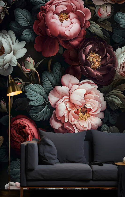 Temporary Dark Floral Decoration Floral Wallpaper – peel and stick wallpaper mural, Golden Era Walls