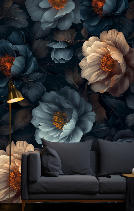Watercolor Dark Botanical Dark Floral Wallpaper – peel and stick wallpaper mural, Golden Era Walls