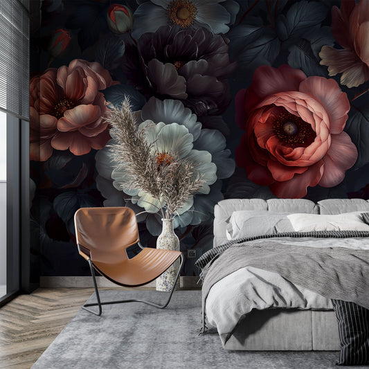 Watercolor Vintage Dark Floral Floral Wallpaper – detail view, Golden Era Walls