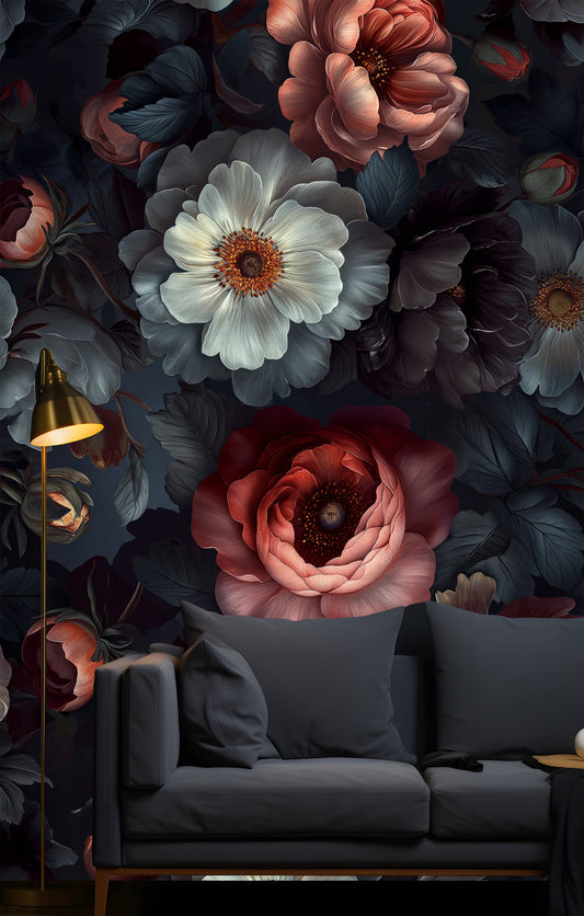 Watercolor Vintage Dark Floral Floral Wallpaper – peel and stick wallpaper mural, Golden Era Walls