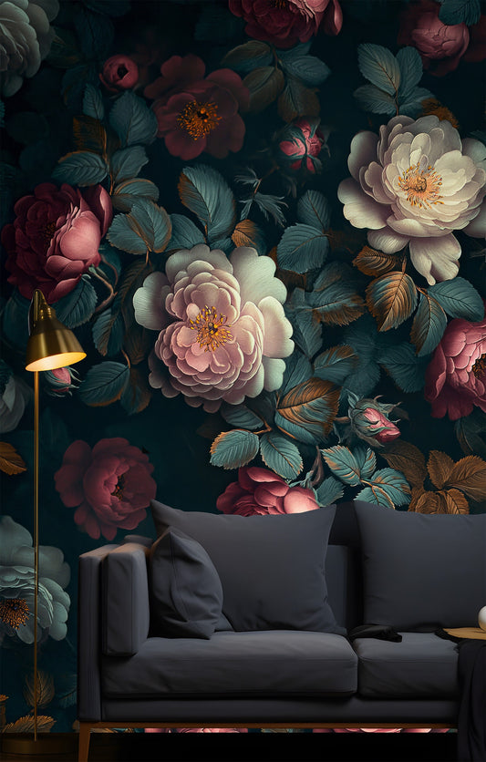 Watercolor Vintage Floral Covering Floral Wallpaper – peel and stick wallpaper mural, Golden Era Walls