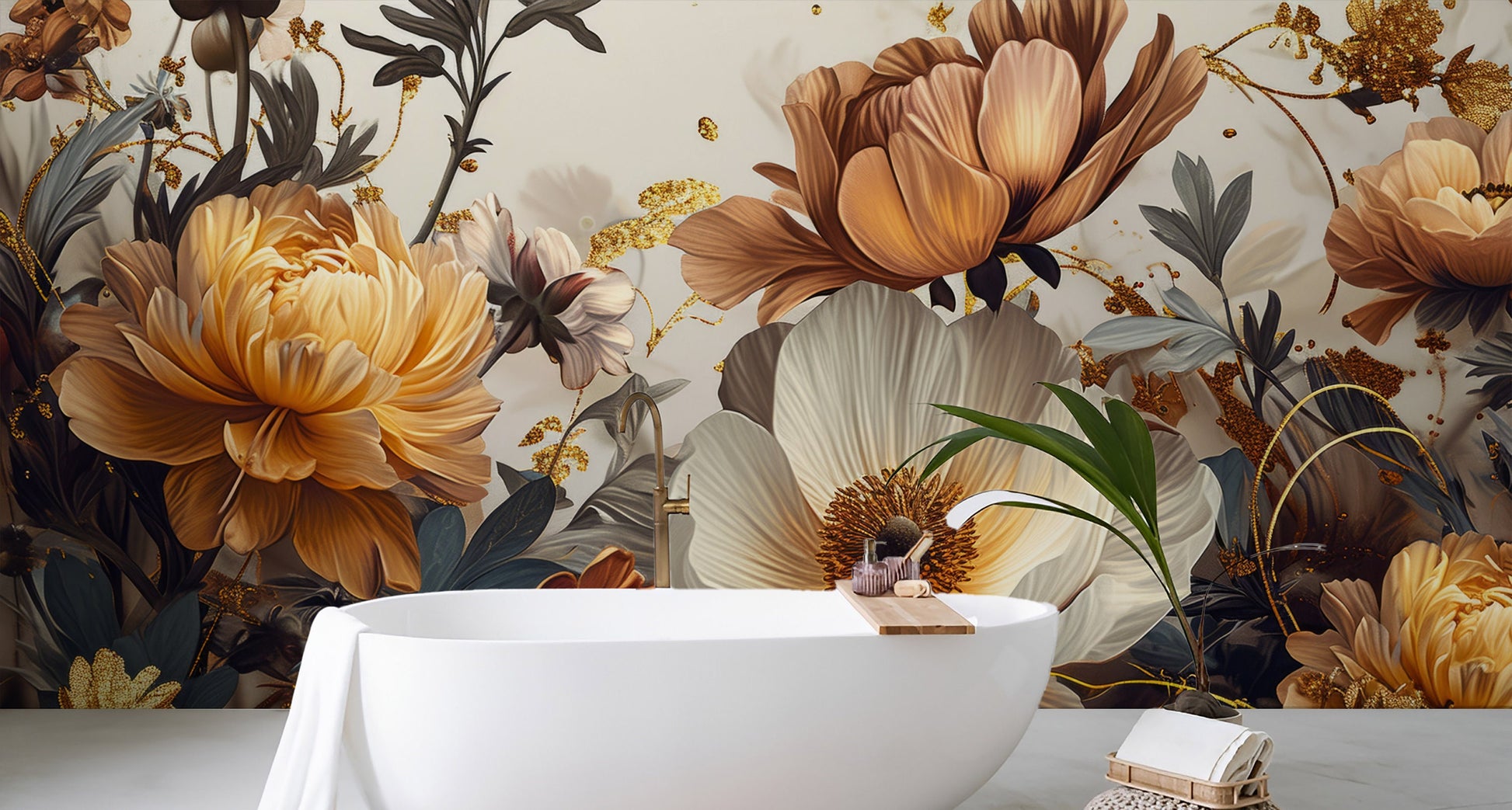 Luxury Flower Watercolor Floral Floral Wallpaper – scale reference, Golden Era Walls