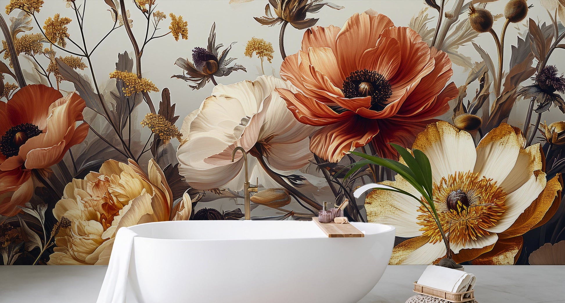 Soft Gold Beige Abstract Floral Wallpaper – scale reference, Golden Era Walls