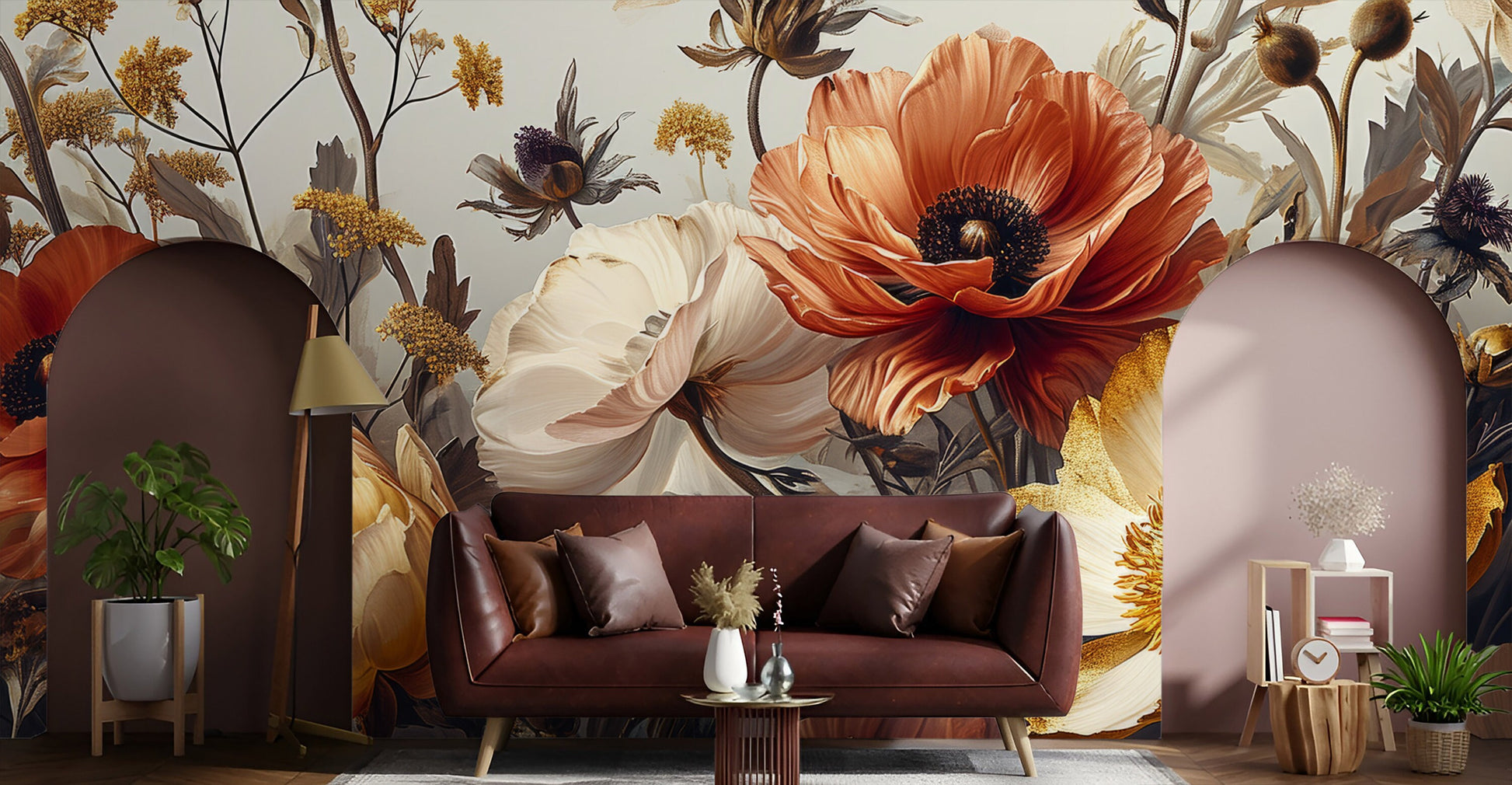 Soft Gold Beige Abstract Floral Wallpaper – room setting, Golden Era Walls