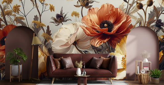 Soft Gold Beige Abstract Floral Wallpaper – room setting, Golden Era Walls