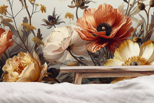 Soft Gold Beige Abstract Floral Wallpaper – lifestyle view, Golden Era Walls