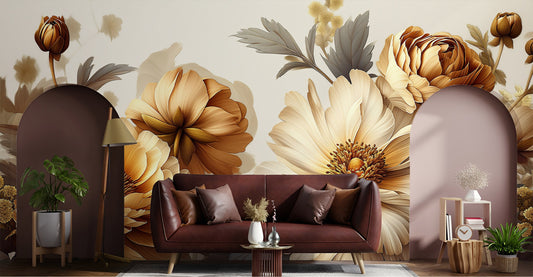 Gold Pastel Peony Watercolor Floral Wallpaper – detail view, Golden Era Walls
