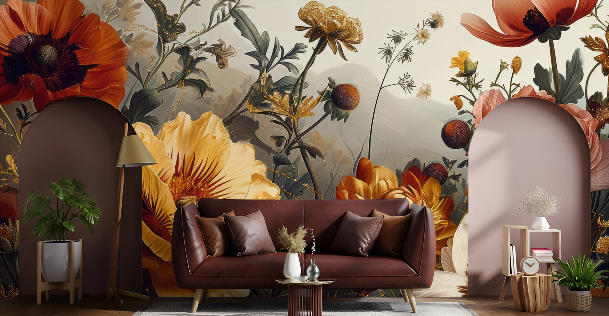 Gold Peony Watercolor Soft Floral Wallpaper – scale reference, Golden Era Walls