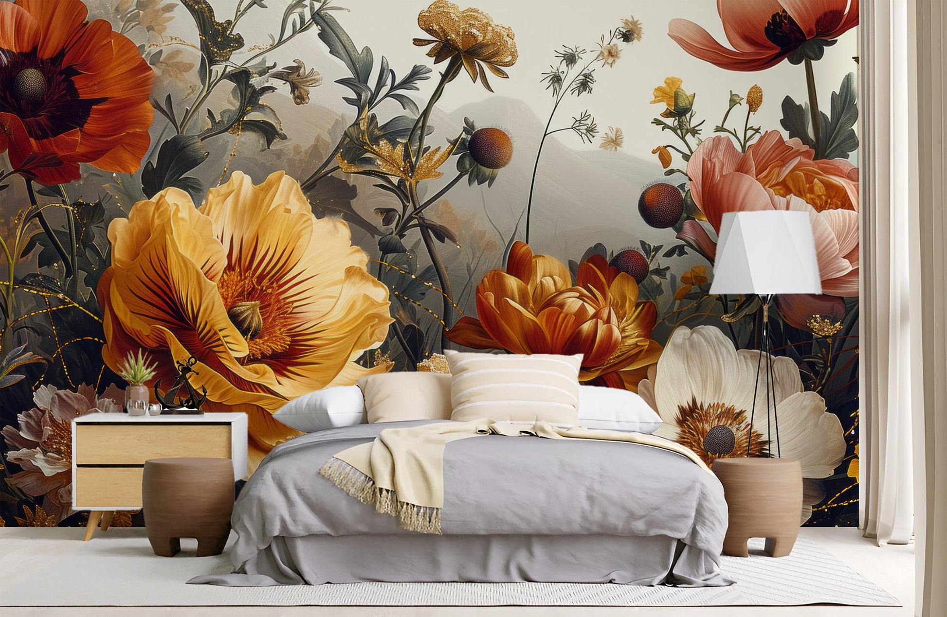 Gold Peony Watercolor Soft Floral Wallpaper – room setting, Golden Era Walls