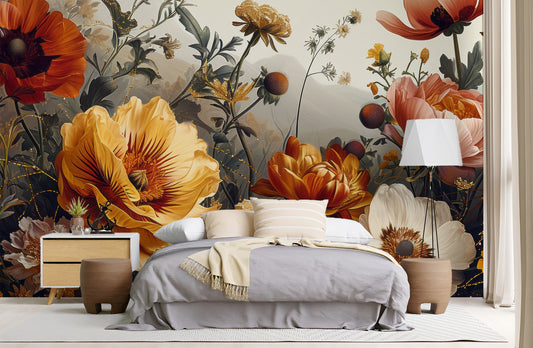 Gold Peony Watercolor Soft Floral Wallpaper – room setting, Golden Era Walls