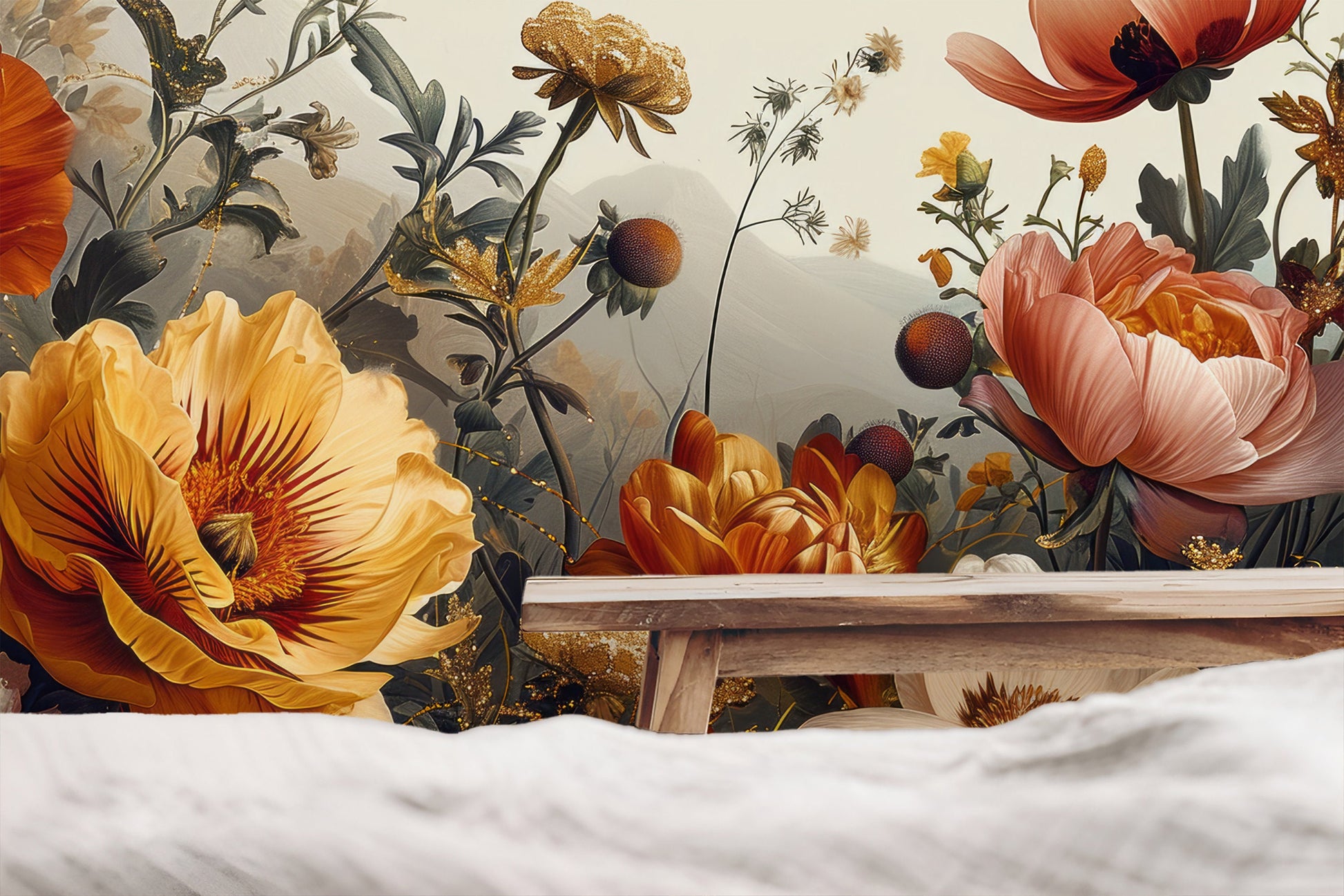 Gold Peony Watercolor Soft Floral Wallpaper – detail view, Golden Era Walls