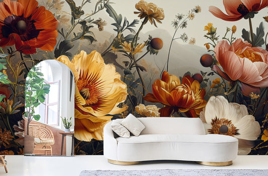 Gold Peony Watercolor Soft Floral Wallpaper – peel and stick wallpaper mural, Golden Era Walls