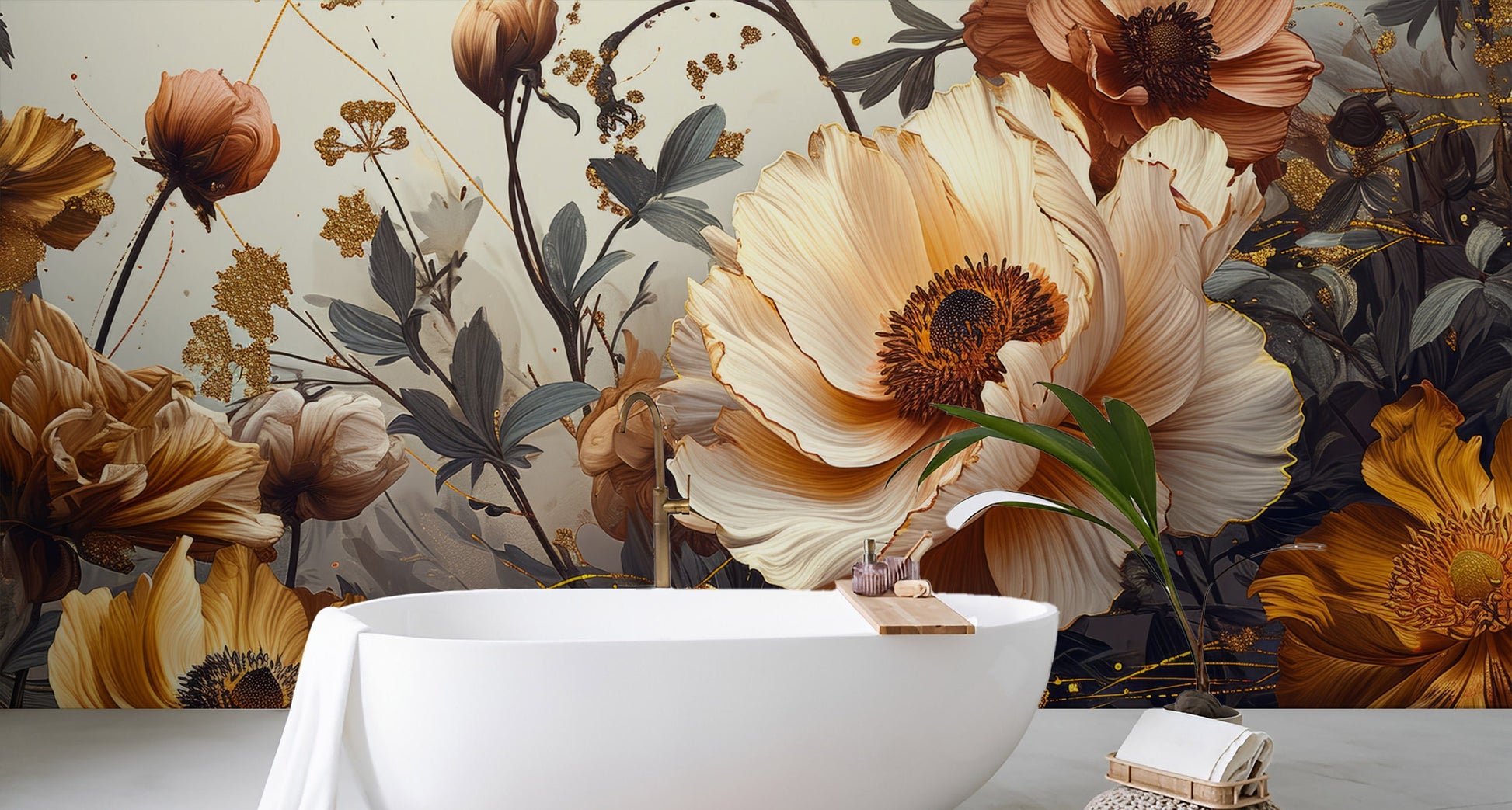 Gold Beige Peonies Floral Floral Wallpaper – scale reference, Golden Era Walls